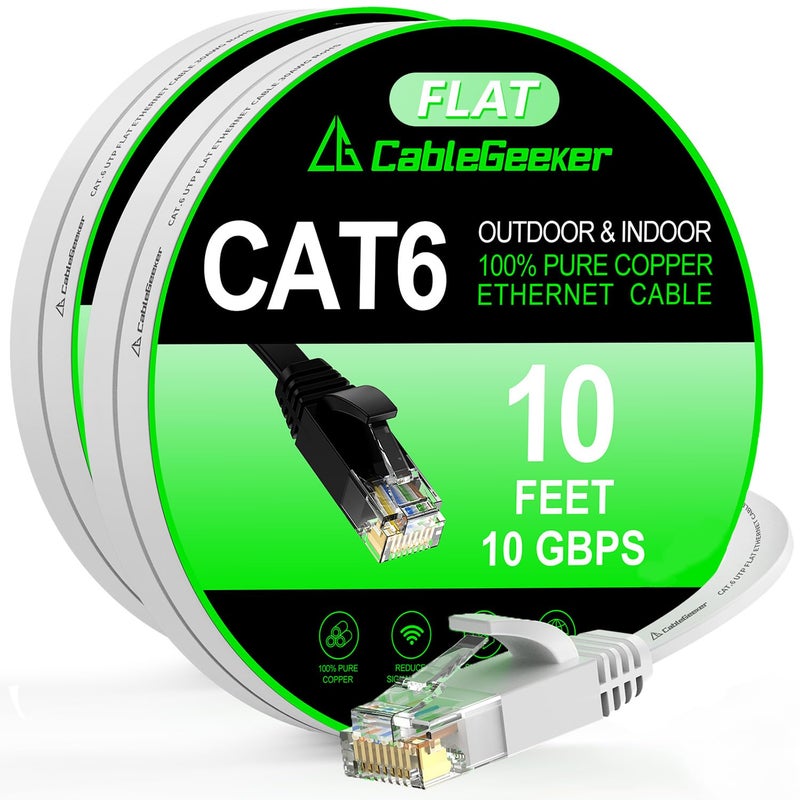 CableGeeker Cat 6 Ethernet Cable 10ft 2-Pack, Indoor&Outdoor, High Speed 10Gbps Internet Network, Pure Copper Flat Ethernet Patch Cable Long, Computer LAN Cable with Clips&Straps for Router,Modem,PS4/5, White - Image 1
